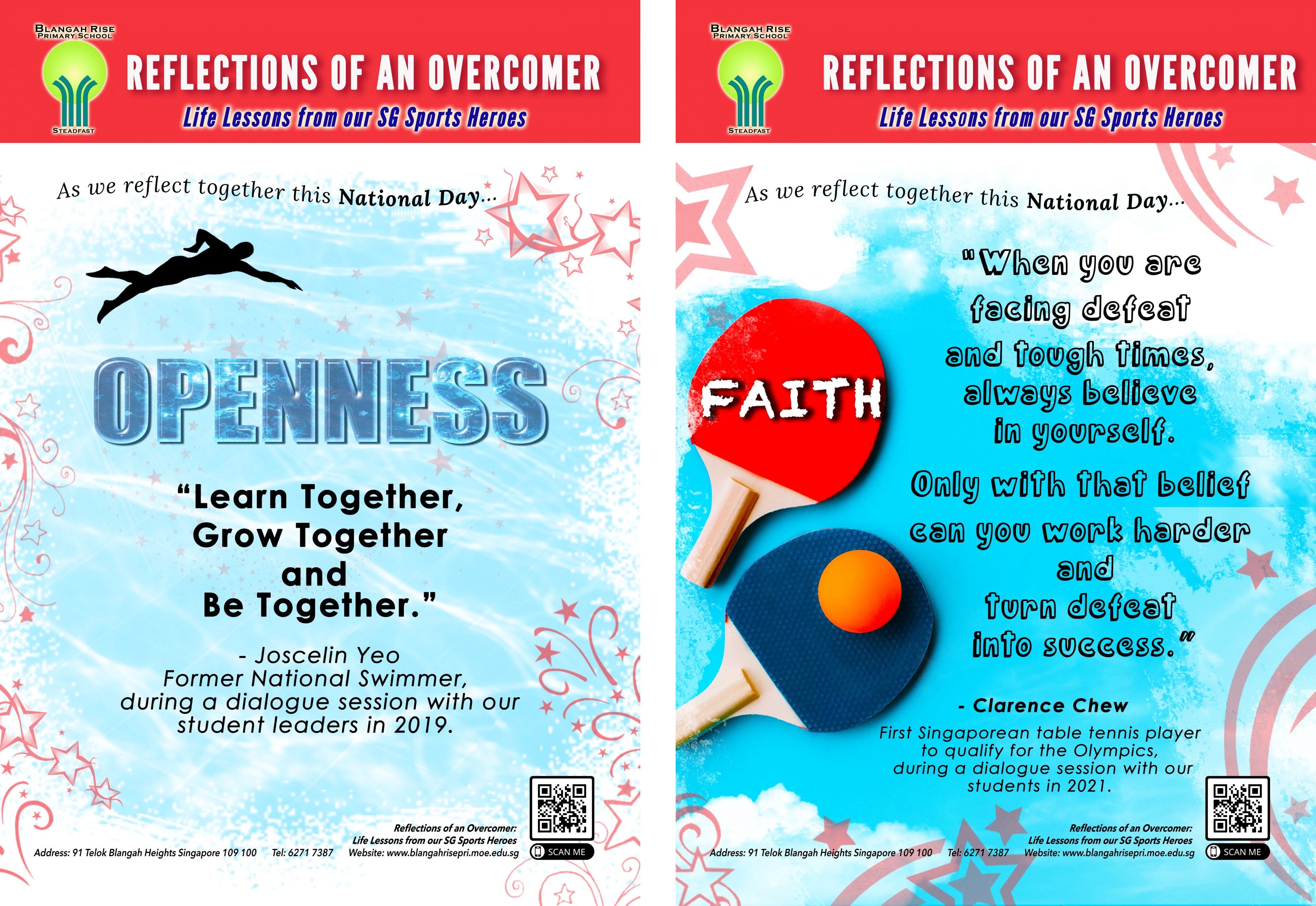 Two Blangah Rise Primary School posters featuring quotes on Openness and Faith from Singapore sports heroes.